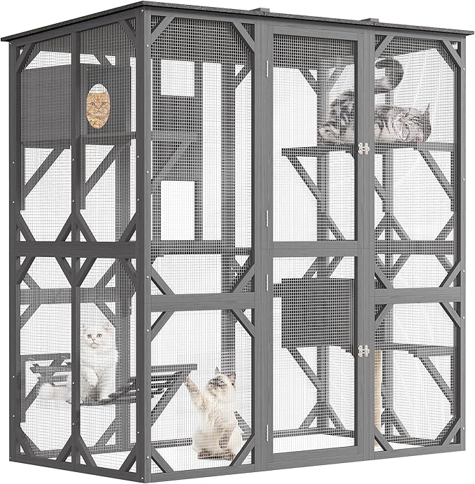 Large Walk-in Window Catio Outdoor, 70'' Wooden Cat Enclosure for Mulitiple Cats with Waterproof Roof, Feral Cat Shelter with Platforms, Hammock, Scratching Post and Resting Box Grey