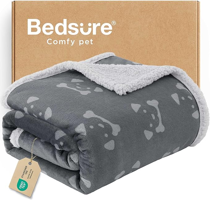 Bedsure Waterproof Blanket for Bed - Soft Print Sherpa Fleece Pet Cat Dog Blankets for Large Dogs Couch Protection, Soft Plush Reversible Furniture Protector, Twin Size, 60"x80", Smokey Grey
