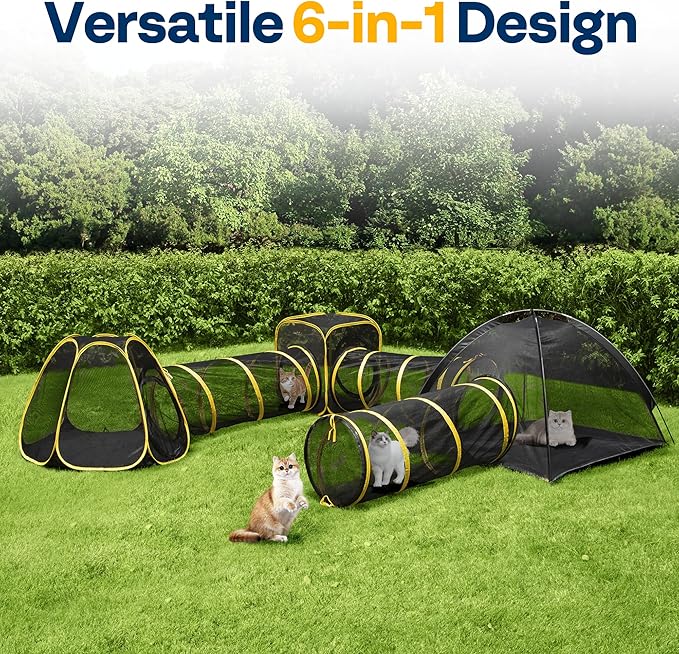 VIVOHOME 6-in-1 Outdoor Cat Enclosure with Playhouse, 2 Tents & 3 Tunnels - Portable Cat Playground with Leash and Mint Ball for Indoor/Outdoor Use, Yard Balcony Camping Safety