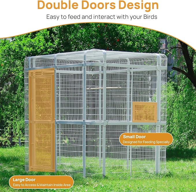 Large Walk-in Cage 87-inch Heavy Duty Bird Cage Outdoor Carbon Crystal Board Aviary Parrot Cage Wide Flight Metal Birdcage for Macaw Budgie Conure Lovebird Parakeet Cockatiel, 7.22x5.25x6.8ft, White