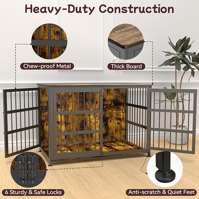 46'' Dog Crate Furniture Large Breed Dog Crate Dog Kennels for Inside Wooden Dog Crates End Table Heavy Duty Indoor Combination Cage for Medium to Large Dogs Walnut