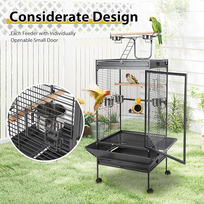 64.4" Tall Large Bird Cage, Metal Parrot Cage with Play Top, Rolling Stand & Bowls - Bird Aviary for Parrots, Conures, Cockatiels, Parakeets, Indoor Outdoor Aviary for Outside Porch Yard Garden