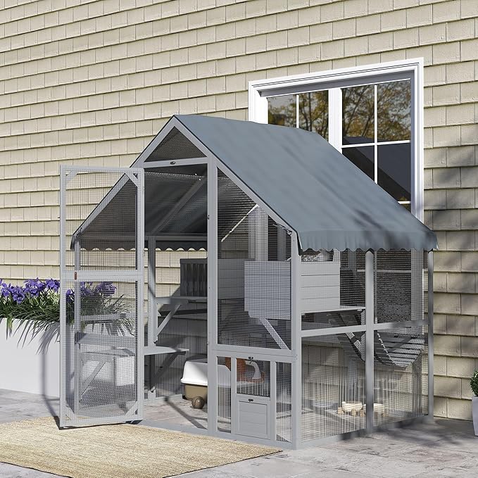 PawHut 73" L Large Catio Outdoor Cat Enclosure for Multiple Kittens, 28 sq.ft Wooden Cat House with Waterproof Cover, Walk in Kitty Cage Kennel with 2 Condos, 4 Platforms, Bridge, Doors, Gray