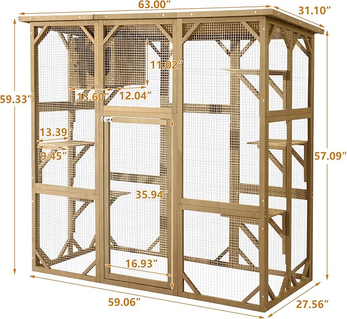 Grepatio Cat Enclosure Large Outdoor Catio Wooden Cat House with Weatherproof, Cat Cage Condo Indoor Playpen with Platform and Small House (Natural)