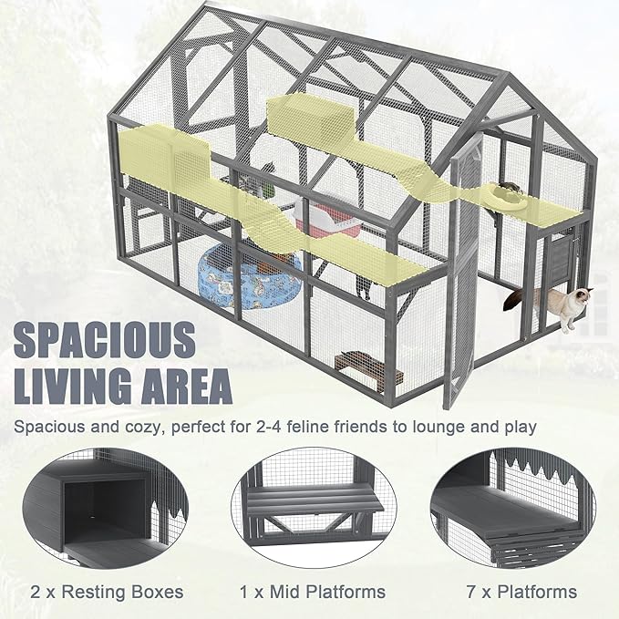 KEIKI 110" Large Outdoor Cat Enclosure for Multiple Cats, Weatherproof Wooden Catio with 7 Platforms, 2 Resting Boxes, 2 Bridges & Canopy, Secure Outdoor Cat House, Gray