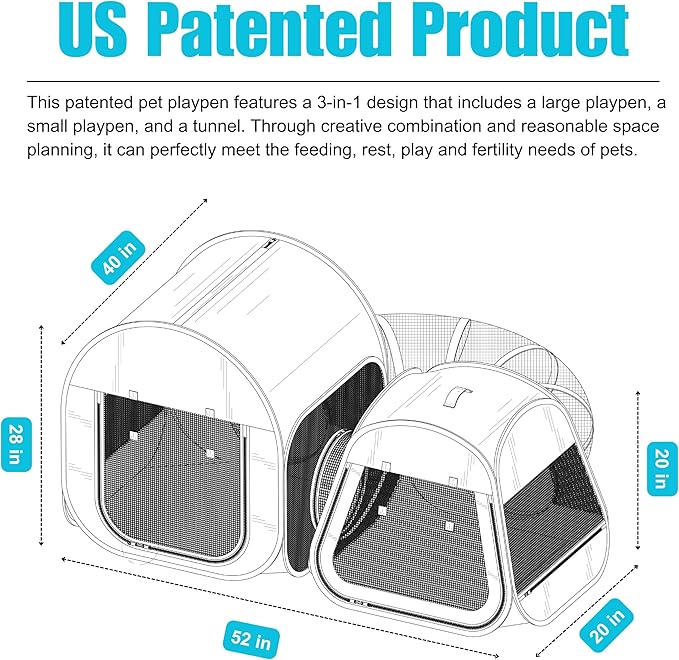 Portable Cat Playpen 2-Room with Tunnel, 3-in-1 Pop-up Cat Dog Crate Play Enclosure with Separate Areas, Foldable Pet Playpen for Puppy Kitten and Small Animals Indoor Outdoor
