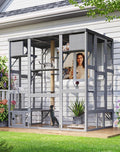 Large Catio Outdoor Cat Enclosure, Wall-Mounted Window Catio for Multiple Cats with Cats House, Multi-Level Platform, Scratching Post and Waterproof Cover, Outside Kitty Enclosure, Grey