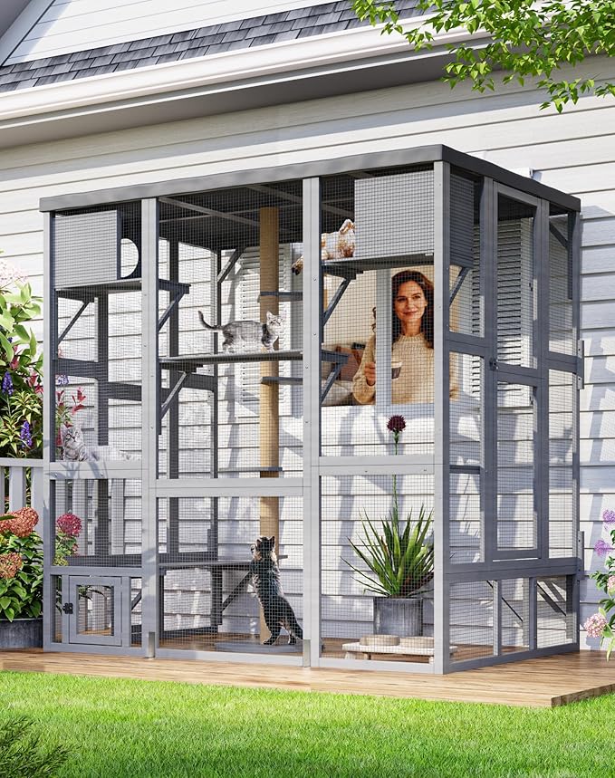 Large Catio Outdoor Cat Enclosure, Wall-Mounted Window Catio for Multiple Cats with Cats House, Multi-Level Platform, Scratching Post and Waterproof Cover, Outside Kitty Enclosure, Grey