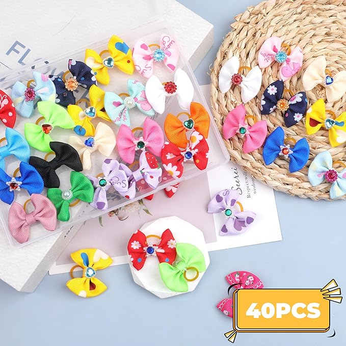 40PCS Christmas Dog Bows Cute Puppy Dog Small Bowknot Hair Bows with Rubber Bands Small Hairs Bowknot Pet Hair Accessories Pet Grooming Accessories for Party (Mixcolors with Gemstone)