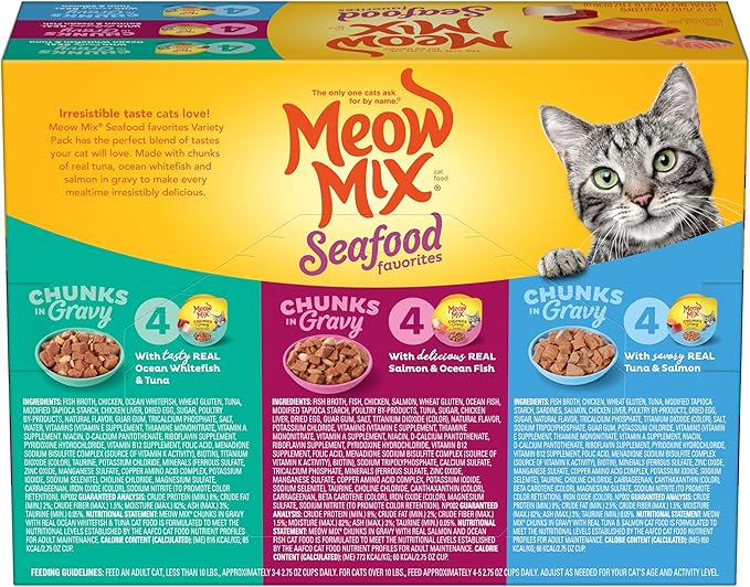 Meow Mix Seafood Favorites Chunks in Gravy Wet Cat Food Variety Pack, 2.75 Ounce (Pack of 12)