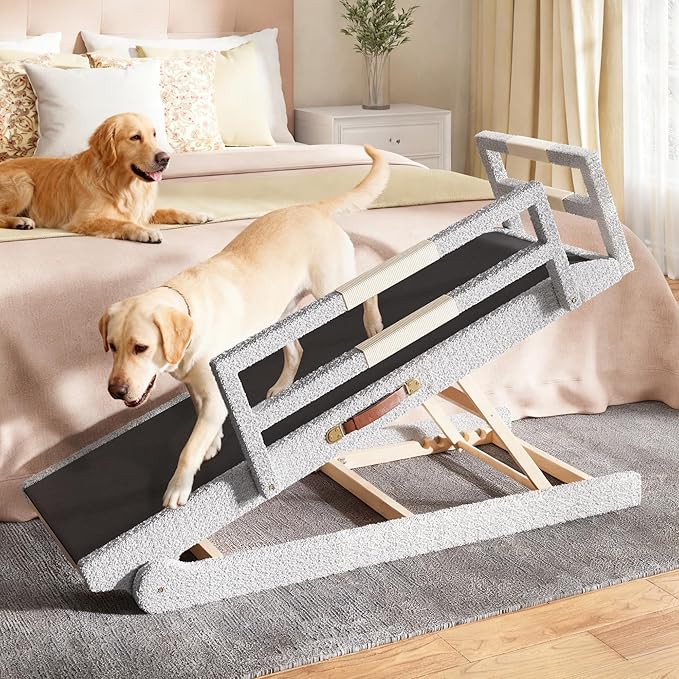 Dog Ramp for High Bed – 63" Super-Long Wooden Ramp with Soft Plush Fabric Cover & Safety Rails 18”–32”Adjustable Heights for Tall Beds, Non-Slip Wide 17.7" Platform – Ideal for Large & Senior Dogs