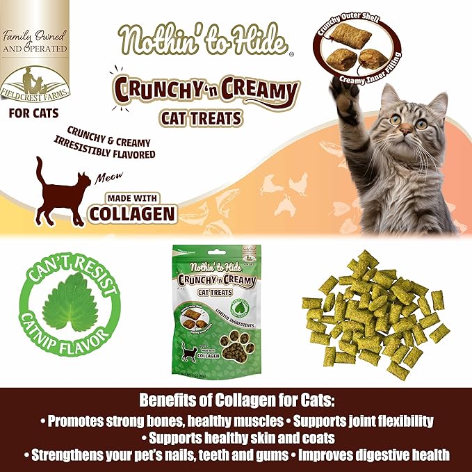 Fieldcrest Farms Nothin’ to Hide Collagen Cat Treats – Crunchy & Creamy Cat Snacks, High-Protein Healthy Treats for Skin, Coat & Joint Support, Catnip Flavor, 3 oz.