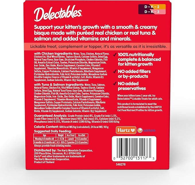 Delectables Lickable Treat Bisque Kitten Wet Cat Treat with Real Tuna & Salmon, Complete & Balanced, Hydrating, Grain-Free, No Fillers, No by-Products, No Added Preservatives, 1.4oz Pouch, 12ct