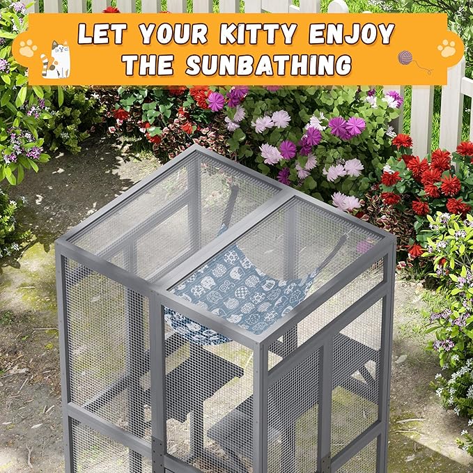 Catio Outdoor Cat Enclosure - Premium Wooden Cat Catio with Window Access & Breathable Mesh, Weatherproof Kitty House for Patio/Backyard/Indoor (Gray)