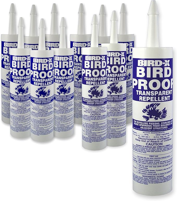 Bird-X Bird Proof Gel, Sticky and Transparent Clear Gel, Long-Lasting and Easy to Use, Each Tube Covers 10 Linear feet, Pack of 12 Tubes (10 fl. oz. Each)