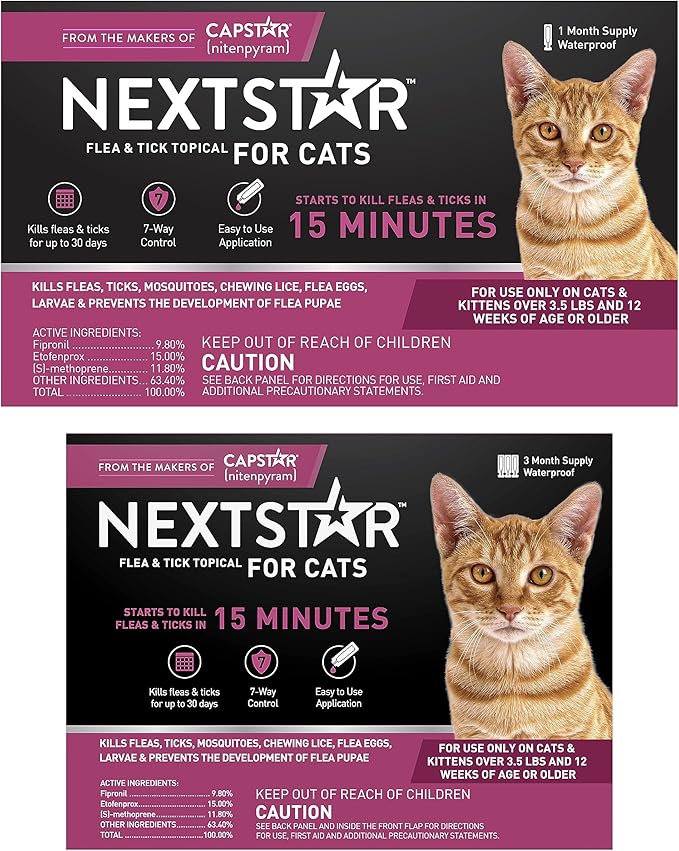 NEXTSTAR Flea and Tick Prevention for Cats, Repellent, and Control, Fast Acting Waterproof Topical Drops for Cats Over 3.5 lbs, 3+1 Month Bundle