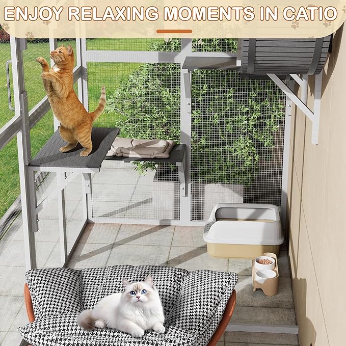 Large Walk-in Catio Wooden cat Houses for Multiple Outdoor Cats, Outdoor cat Enclosure with 4 Bridges & Transparent PVC Roof & sisal Scratcher, Kitty cat Condo Shelters (White)