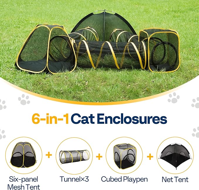 VIVOHOME 6-in-1 Outdoor Cat Enclosure with Playhouse, 2 Tents & 3 Tunnels - Portable Cat Playground with Leash and Mint Ball for Indoor/Outdoor Use, Yard Balcony Camping Safety