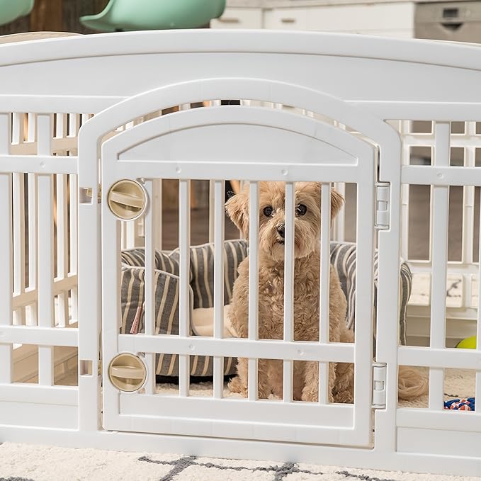IRIS USA Dog Playpen Puppy Playpen Indoor – 24" 6-Panel Dog Playpen with Door, 61 x 61 x 24, Dog Play Pen Indoors for Puppies & Small Dogs, Plastic Pet Playpen, Indoor Dog Pen, White