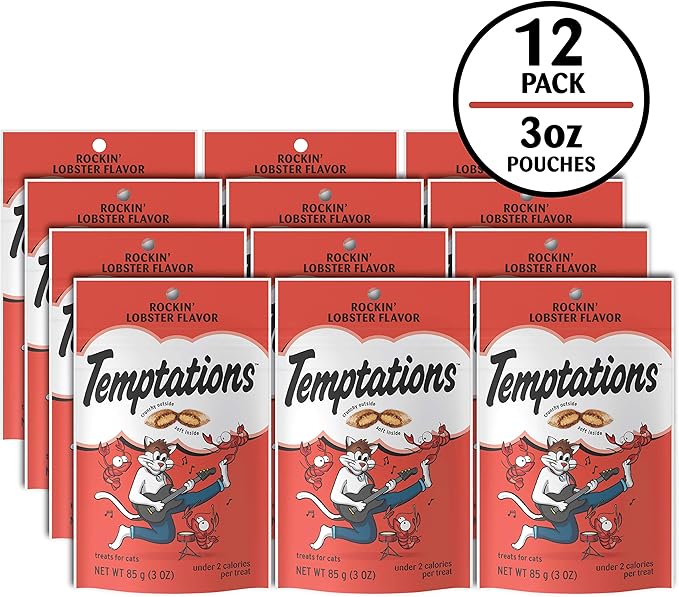 Temptations Classic Cat Treats, Rockin' Lobster Flavor, Crunchy and Soft Cat Treats 3 oz. Pouch (Pack of 12)