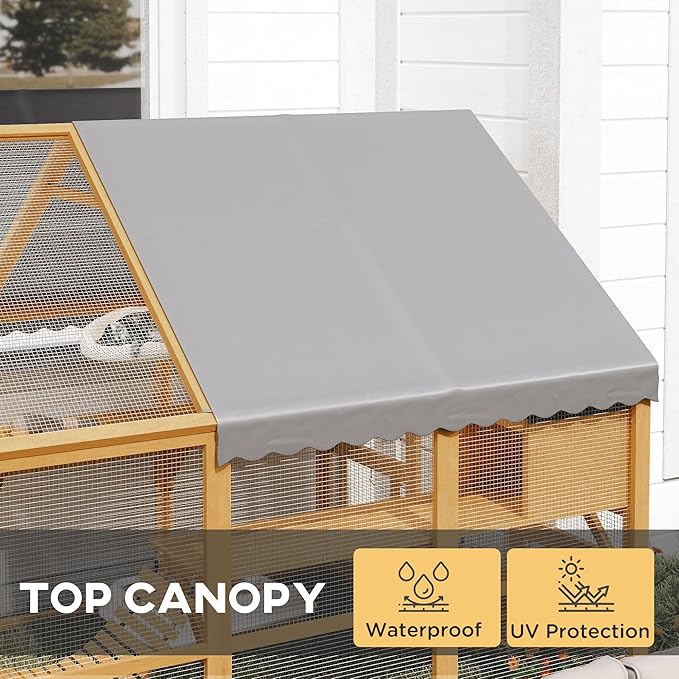 PawHut 110" L Large Catio Outdoor Cat Enclosure for Multiple Kittens, 56 sq.ft Wooden Cat House with Waterproof Cover, Walk in Kitty Cage Kennel with 2 Condos, 6 Platforms, Bridge, Doors, Yellow