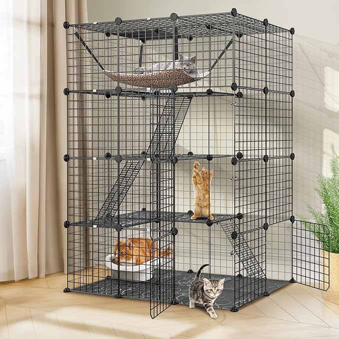 Pet Republic 4-Tier Cat Cage Indoor Enclosure DIY Cat Playpen Metal Kennel with Extra Large Hammock, Catio Ideal for 1-3 Cats, Ferret, Chinchilla, Rabbit, Small Animals