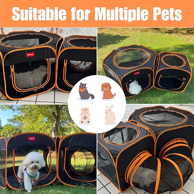 Portable Dog Playpen 2-Room with Tunnel, 3-in-1 Large Cat Crate Play Enclosure with Separate Areas, Foldable Pet Playpen for Puppy Kitten and Small Animals Indoor Outdoor