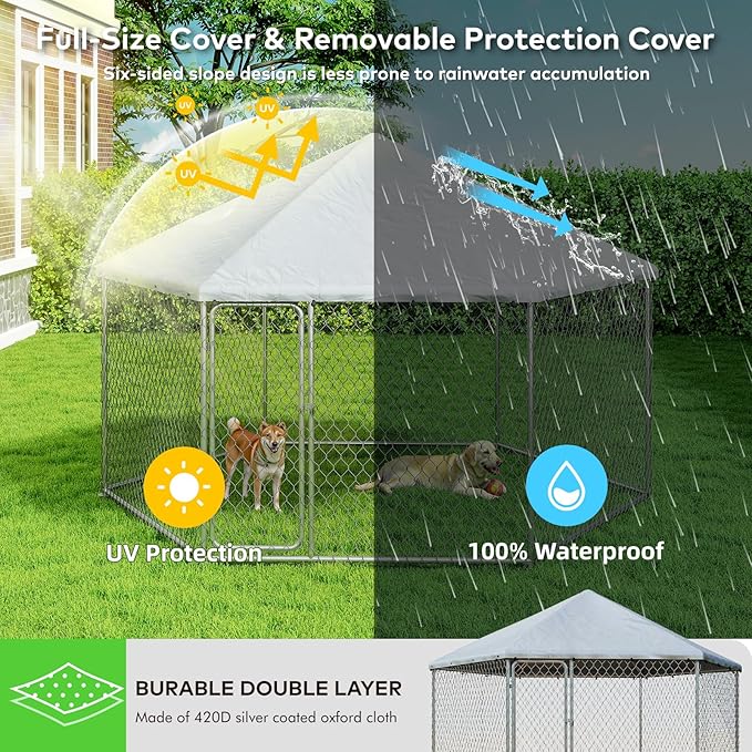 9x9 FT Large Outdoor Dog Kennel Outside with Heavy-Duty Steel Frame, Waterproof UV-Resistant Cover, Secure Lock, and Hexagonal Wire Fence