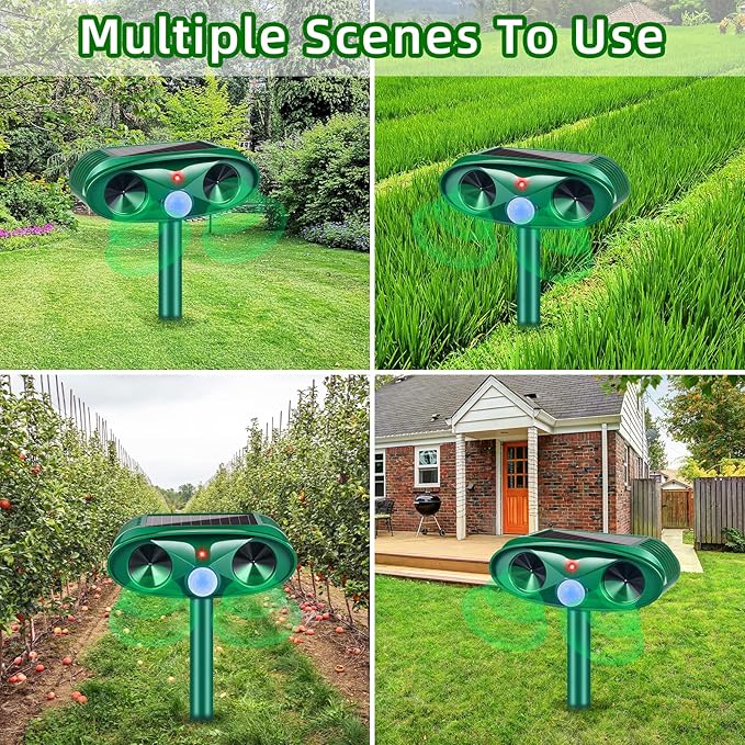2 Pack Solar Ultrasonic Animal Repeller Outdoor Deer Repellent Devices Motion Activated Cat Deterrent for Yard Garden IP65 Waterproof Ultrasonic Pest Repellent for Squirrel Raccoon Dog Skunk Rabbit