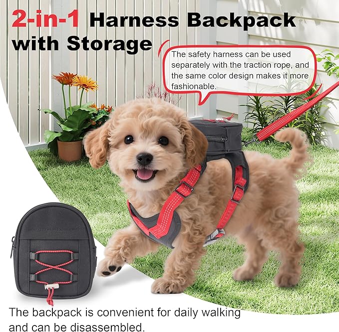 Dog Backpack Harness for Small and Medium Dogs, Adjustable Lightweight Carrier with Detachable Backpack and Leash, Water Resistant for Hiking, Training, and Daily Walks, M