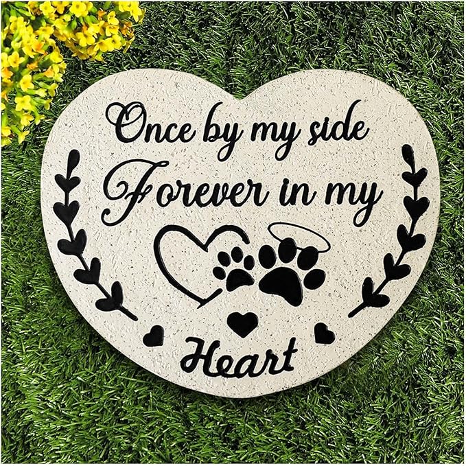 Pet Memorial Stones for Dogs, Garden Resin Dog Memorial Gifts for Loss of Dog, Heart-Shaped Loss of Dog Sympathy Gift, Once by My Side Forever in My Heart Dogs Memorial Stones