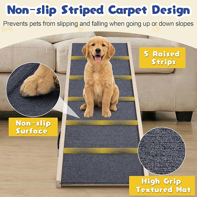 Dog Ramp for Bed & Couch - Extra 51.2" Long Adjustable Height 9.5" to 24" Wooden Non-Slip Pet Ramp, Portable Foldable Doggie Car Ramp for Small Medium Large Dogs, 200 LBS Load