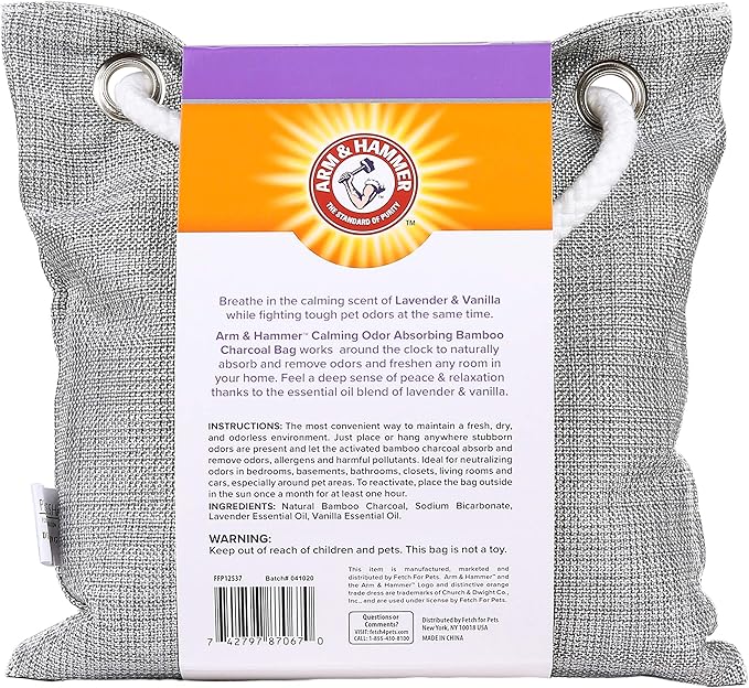 Arm & Hammer For Pets Air Care Calming Bamboo Charcoal Air Purifying Bag, Lavender Vanilla Scent - Odor Absorbing Charcoal Bag - Easy Pet Odor Eliminator for Pet Households, 17.6 Oz