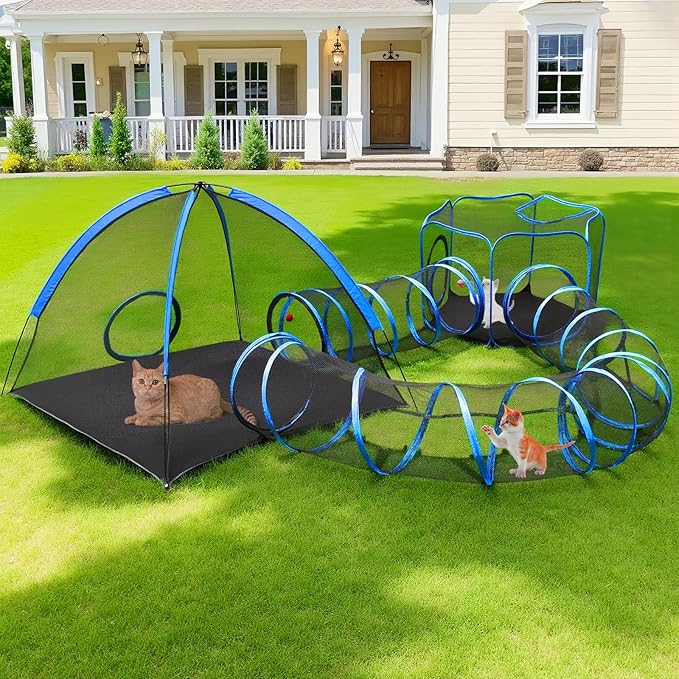 Outdoor Cat Enclosure, 4-in-1 Cat Tent Outdoor Pet Playpen with Tunnel, Portable Catio Play Pen for Outside and Indoor Cat Enclosure with Storage Bag for Kitty and Small Animals
