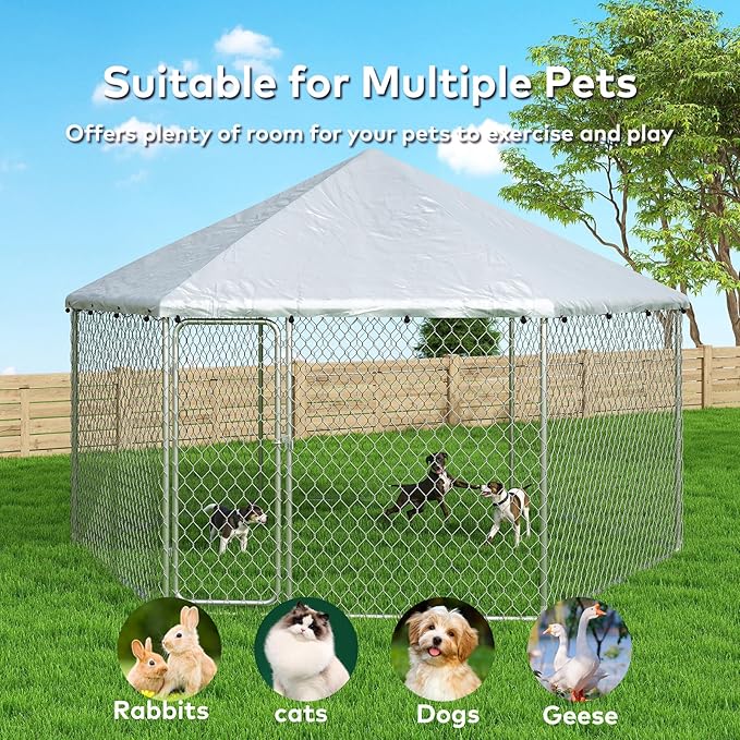 12.5x12.5 FT Large Outdoor Dog Kennel Outside with Heavy-Duty Steel Frame, Waterproof UV-Resistant Cover, Secure Lock, and Hexagonal Wire Fence