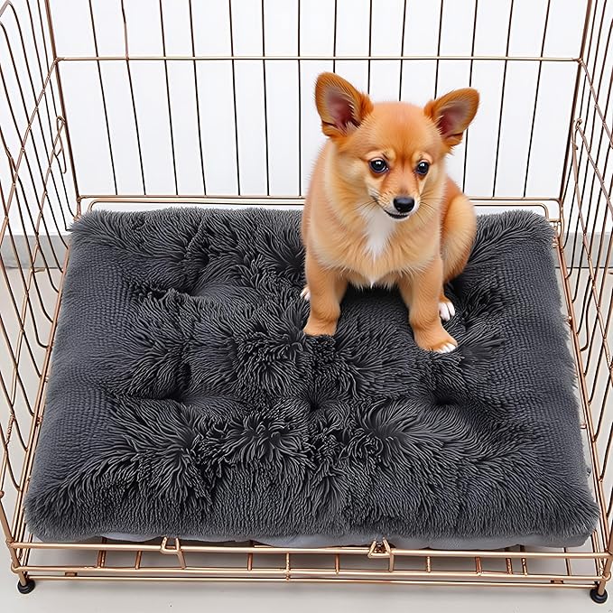 Small Dog & Cat Bed, Washable Warm Winter Fluffy Heated Calming Dog Crate Bed for Small Size Pets, Supportive Plush Crate Pad for Dogs(18 * 12", Dark Grey).