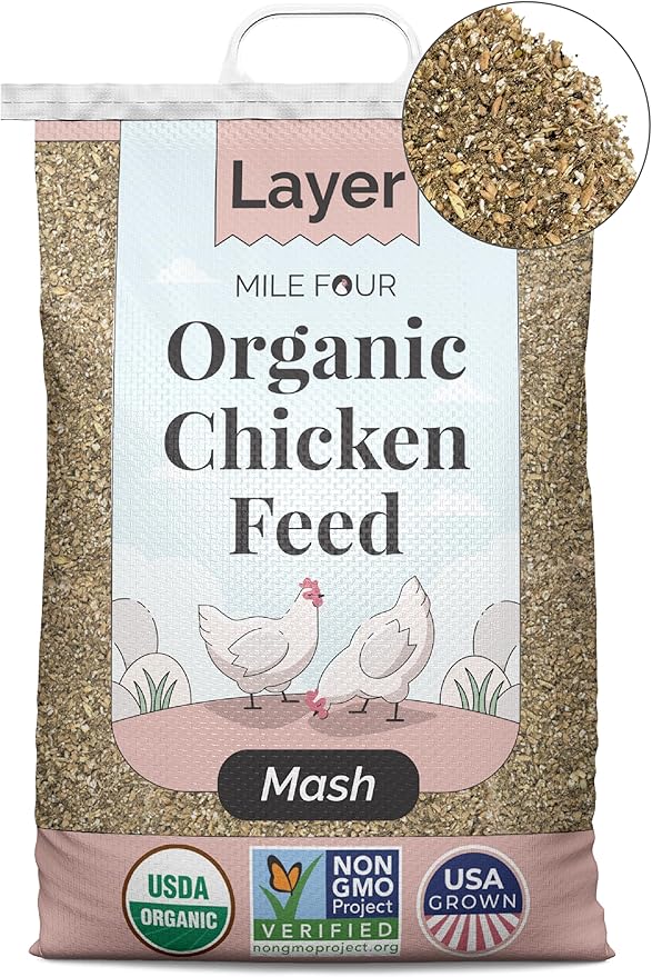 Mile Four Organic Chicken Feed (23 lbs) Layer Mash, Non-GMO, USA Grown, 16% Protein, Corn-Free, Soy-Free, Non-Medicated Feed for Chickens