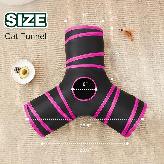 Love’s Cabin Cat Tunnel for Indoor Cats, 3-Way Collapsible Play Tunnel with Teaser Wand, Peek Holes & Toy Ball, Small Pet Toy for Kittens & Rabbits, Black & Rose Red, Small Size