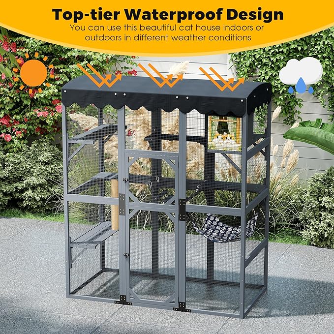 COZIWOW 72Inches Large Wood Catio Outdoor Cat Enclosure with Waterproof Roof, Multi-Level Cat House for 2-3 Cats, Spacious Perches, Hammock, and Scratching Post（Grey Fashion Pattern）