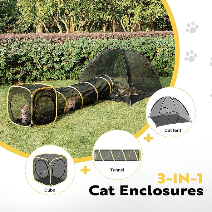 VIVOHOME Outdoor Cat Enclosures 3-in-1 Portable Catio w/Large Cat Tent, Tunnel, Playhouse, 5 Piece Door, Cat Leash, Mint Ball for Rabbits, Dogs and Feline Friends to Explore in Yard, Balcony, Camping