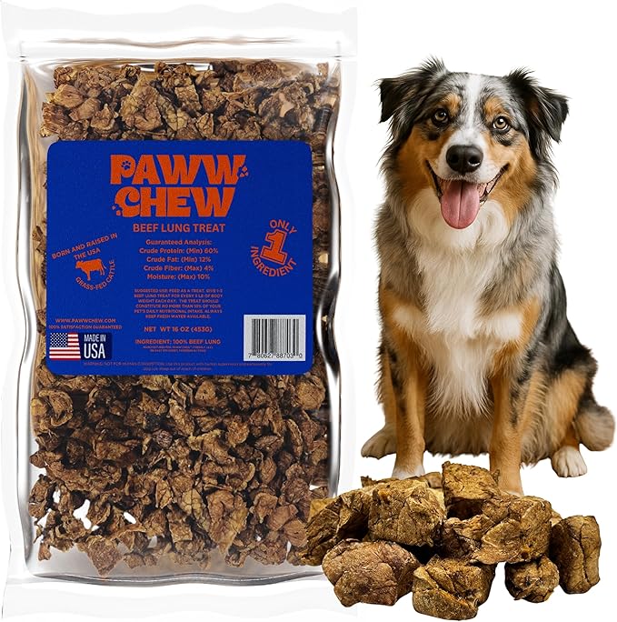 PAWW CHEW Beef Lung Dog Treats - 100% Natural, Single Ingredient, (1 Pound) Made in The USA, Dried & Dehydrated, High Protein, High Value Dog Training Treats, Grain Free, Low-Odor Free for All Breeds
