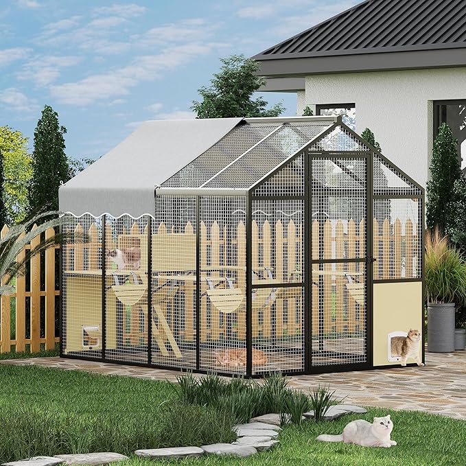 Large Outdoor Cat Enclosure for Multiple Cats - Weatherproof Catio with UV Cover, Platform & Side Door