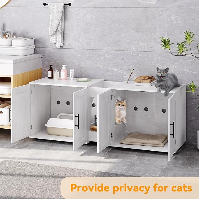 Garvee Cat Litter Box Enclosure for 2 Cats, 55" Hiddden Litter Box Enclosure Furniture 3-in-1 Wooden Litter Cabinet with Barn Door & Double Rooms for Bedroom Living Room,White