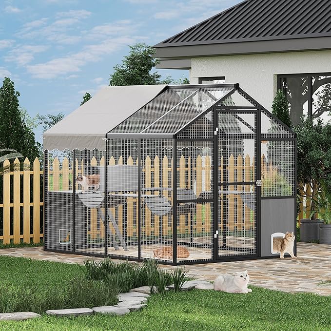 Large Outdoor Cat Enclosure for Multiple Cats - Weatherproof Catio with UV Cover, Platform & Side Door