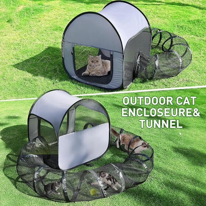 Outdoor Cat Playpen with Tunnel - Escape-Proof, Breathable & High-Visibility Mesh, Foldable Pet Playpen for Backyard, Camping, Travel