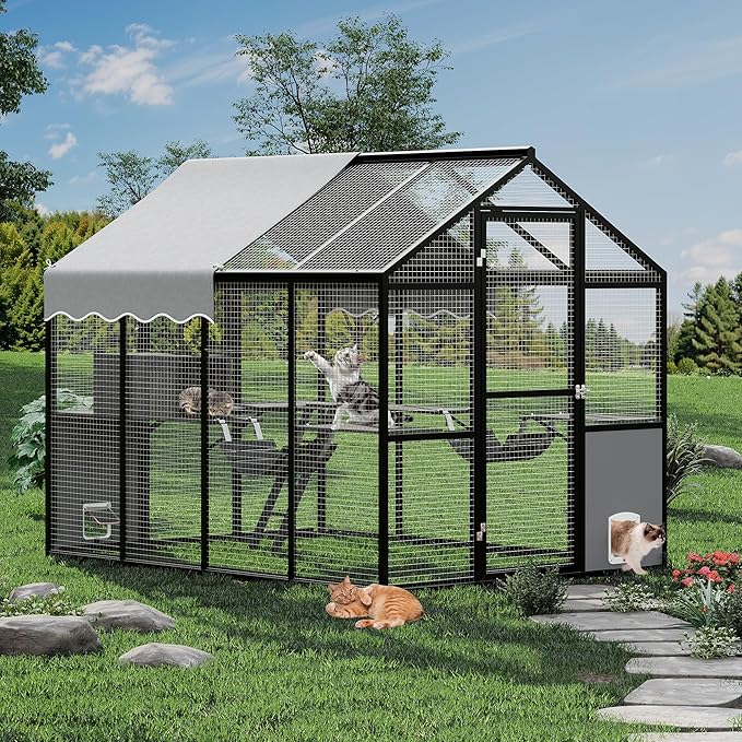 Large Outdoor Cat Enclosure for Multiple Cats - Weatherproof Catio with UV Cover, Platform & Side Door