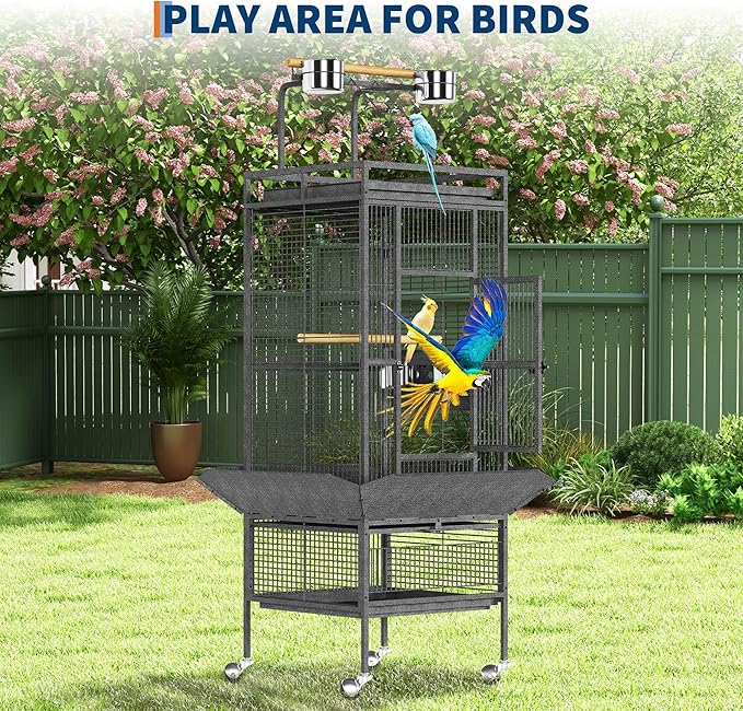 Garvee 61in Large Bird Cage, Metal Bird Cage with Bird Playground, Rolling Parrot Cage with Feeding Accessories, Large Parakeet cage for Parrots, Parakeets, Conures, Parrot, Black