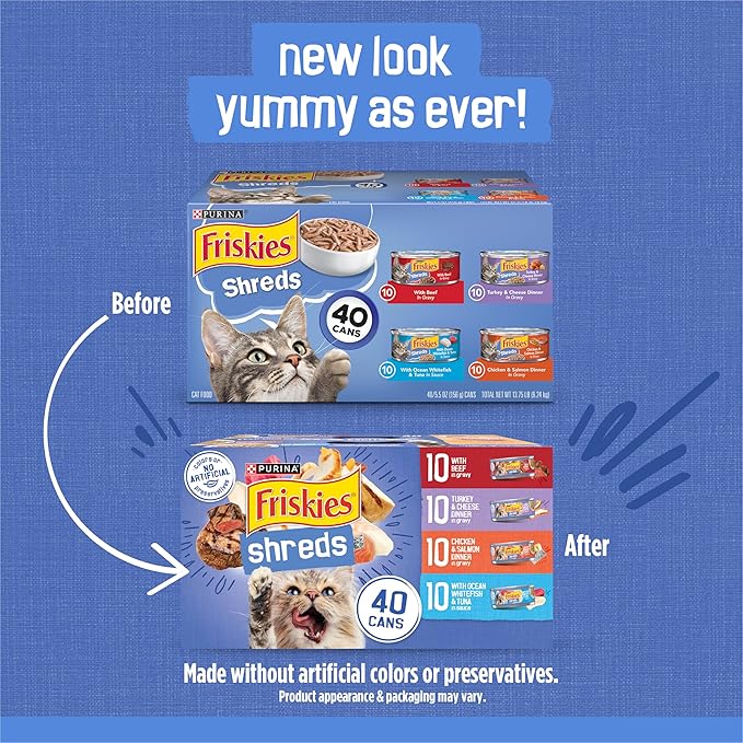 Friskies Purina Wet Cat Food Variety, Shreds with Beef, Turkey & Cheese, Chicken & Salmon Dinner, and with Ocean Whitefish & Tuna, 5.5 oz. Cans (Pack of 80)
