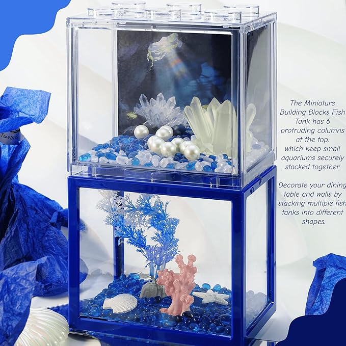 Small Betta Fish Tank, Mini Fish Tank Aquarium Tank Kit with Blue Gravel & Resin Decorations, 0.6 Gallon Stackable Fish Bowl Tiny Desktop Aquarium for Sea Monkey Shrimp (Blue)