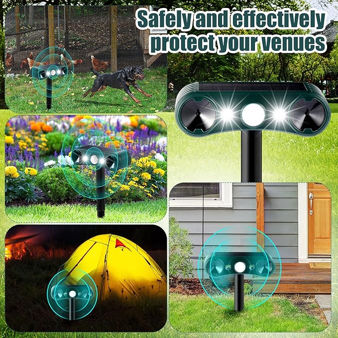 Qualirey 2 Pcs Solar Nocturnal Ultrasonic Light Animal Repeller Outdoor Deterrent with Pir Sensor Waterproof Deterrent Deer Repellent Devices to Repel Cat, Dog, Rabbit, Raccoon, Fox for Yard Garden